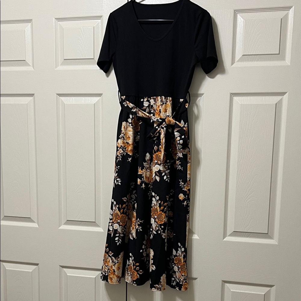 Floral Black and Orange Midi Dress